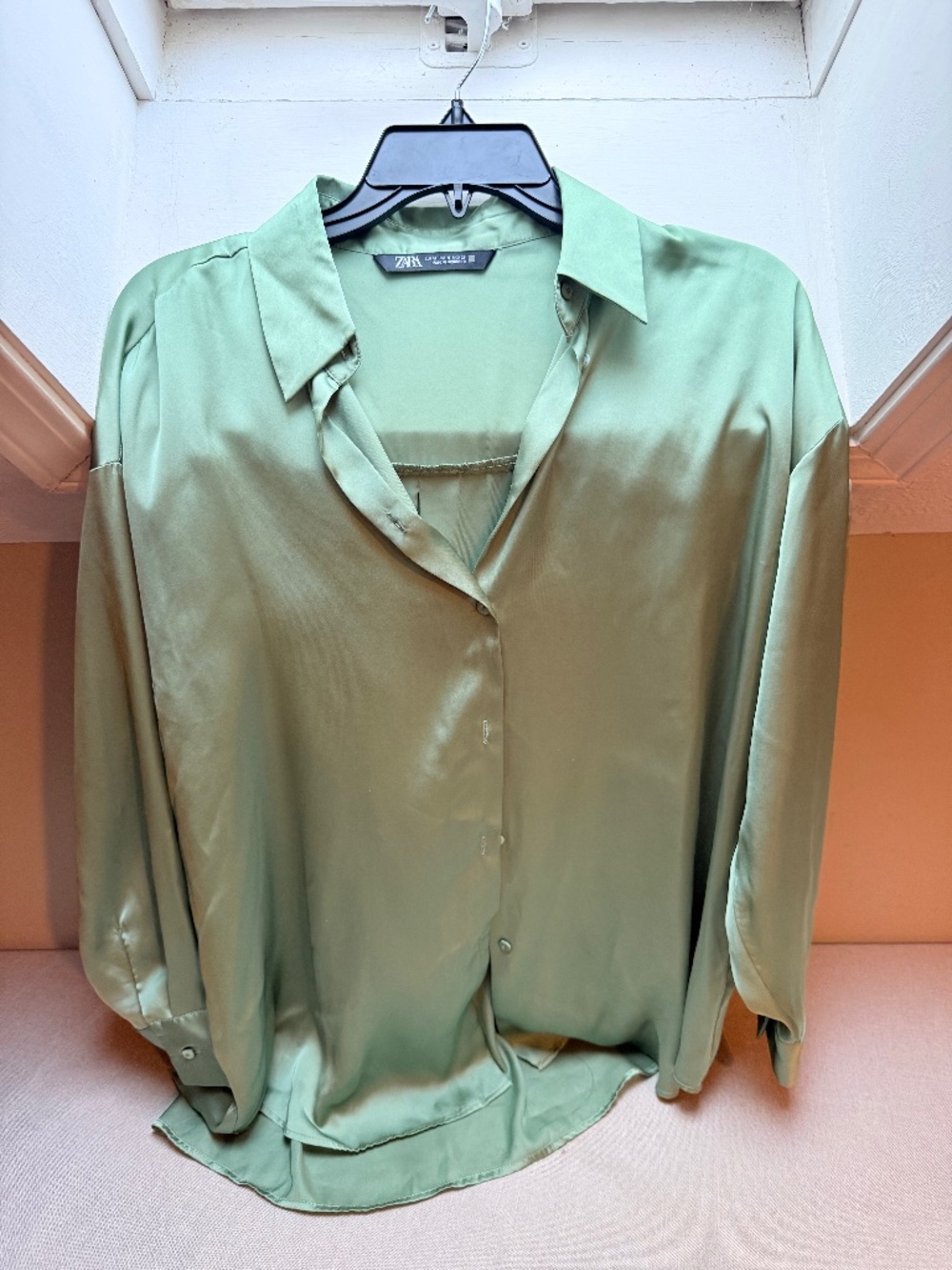 Zara Sage Green Satin Effect Button Blouse Size M
